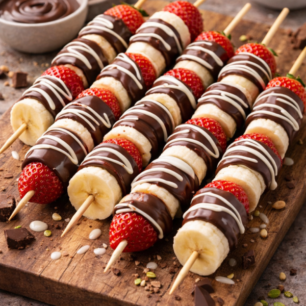 Erdbeer-Banane-Schoko-Sticks